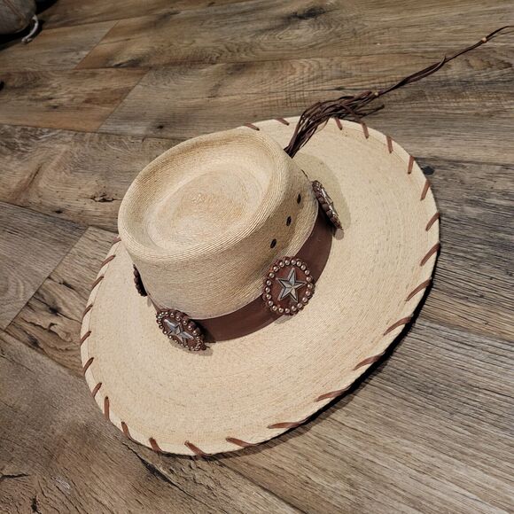 Red Star Riggings Palm Leaf Straw Hat Sz 7-1/8 Brown Leather Band Star Western - Picture 2 of 13